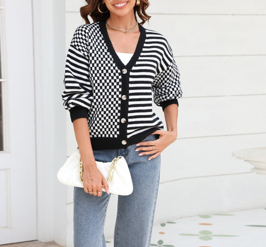 Knitted Plaid Panel Striped Cardigan