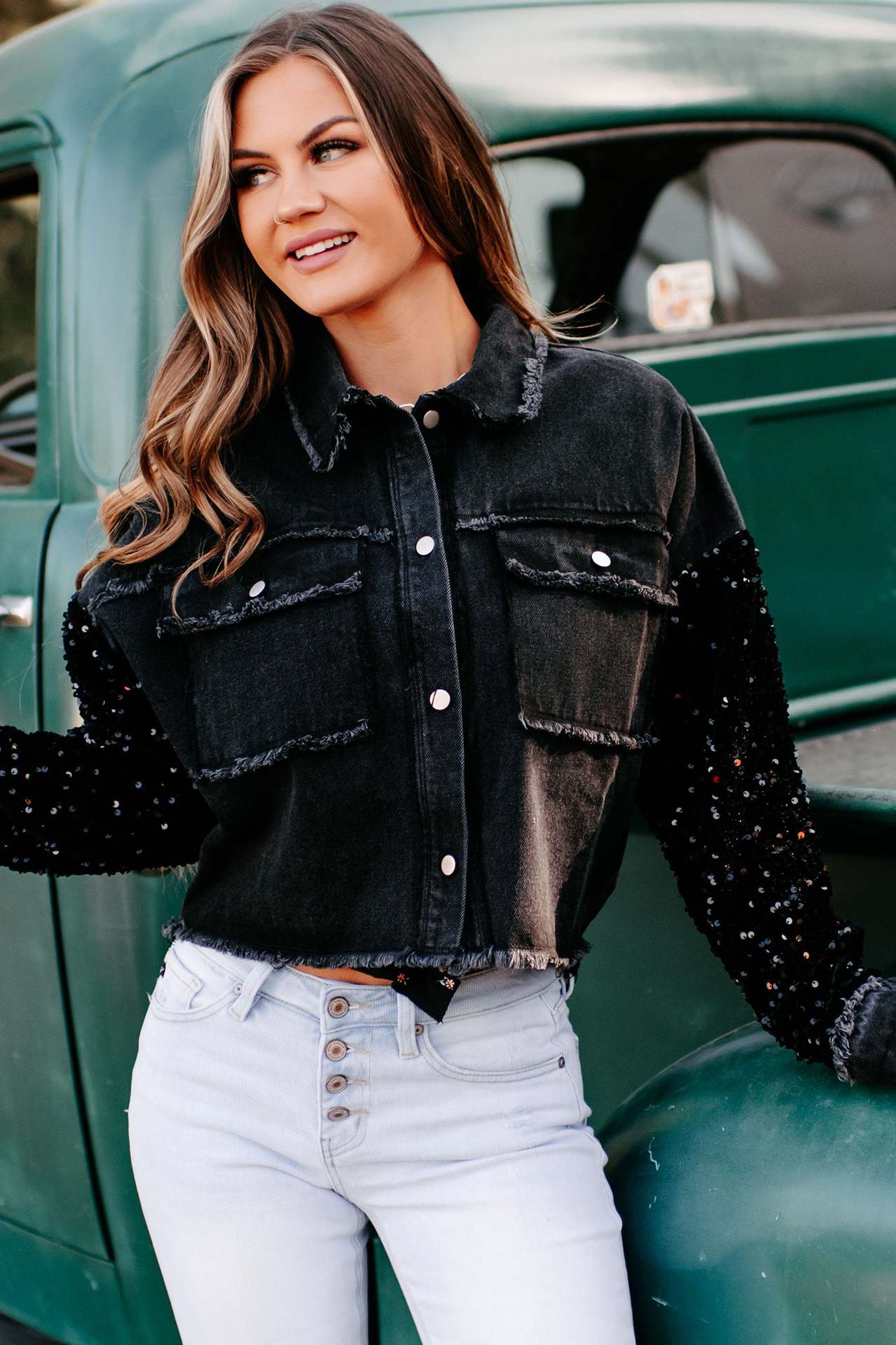 Sequin Sleeve Pocketed Raw Hem Denim Jacket