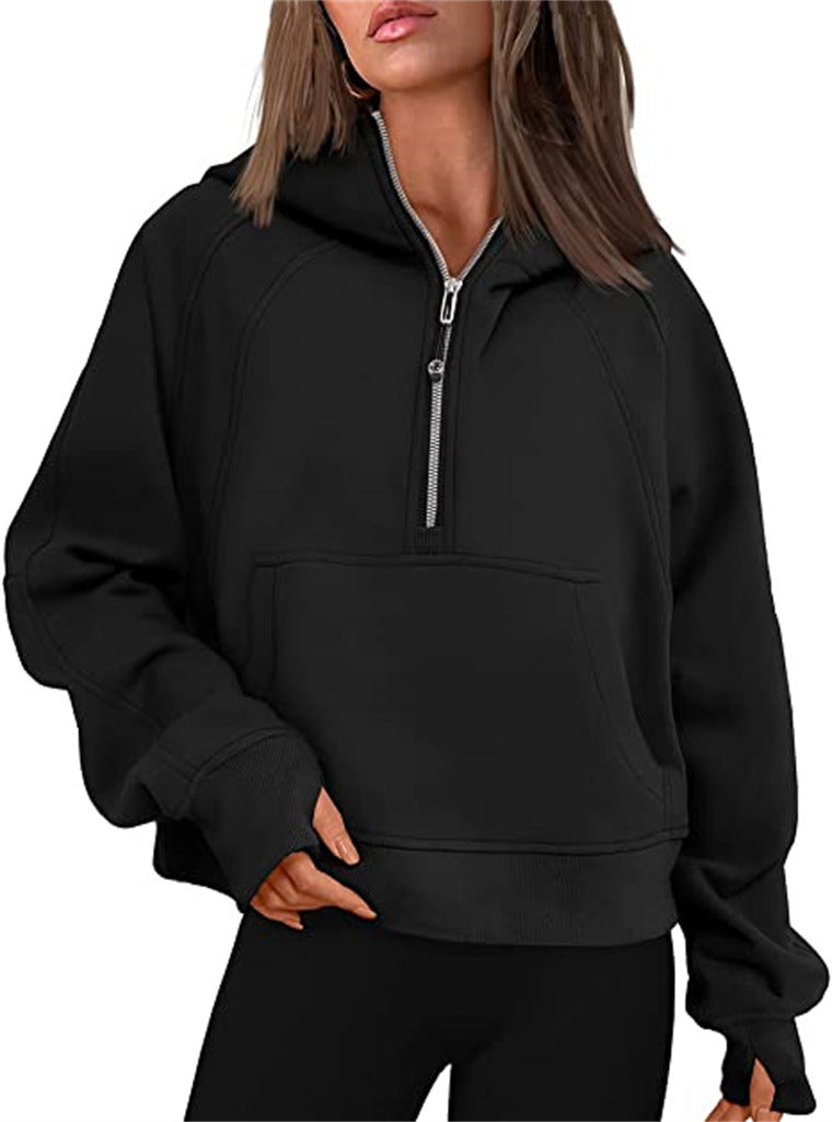 Half Zip Hooded Fleece Short Sweatshirt