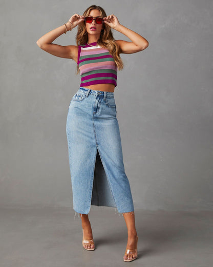 High Waist Mid Length Split Denim Skirt