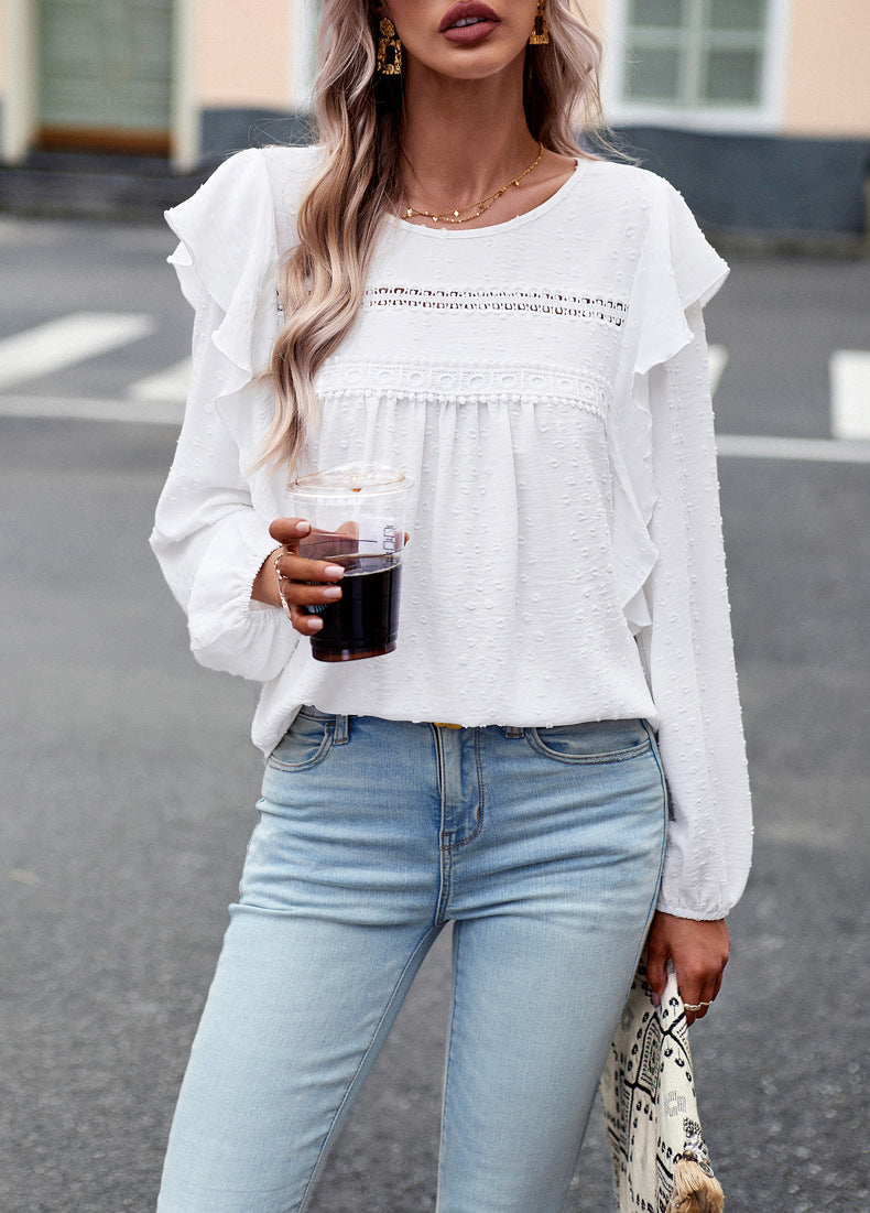 Lace Eyelet Ruffle Shoulder Long Sleeve Blouse