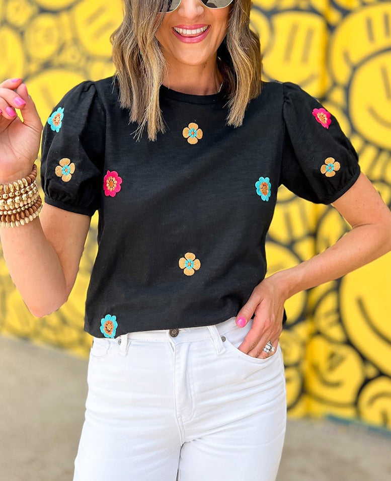 Embroidered Flower Puff Sleeve Tee