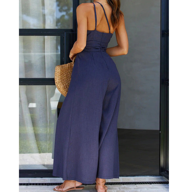 Asymmetric Thin Straps One-shoulder Wide Leg Jumpsuit