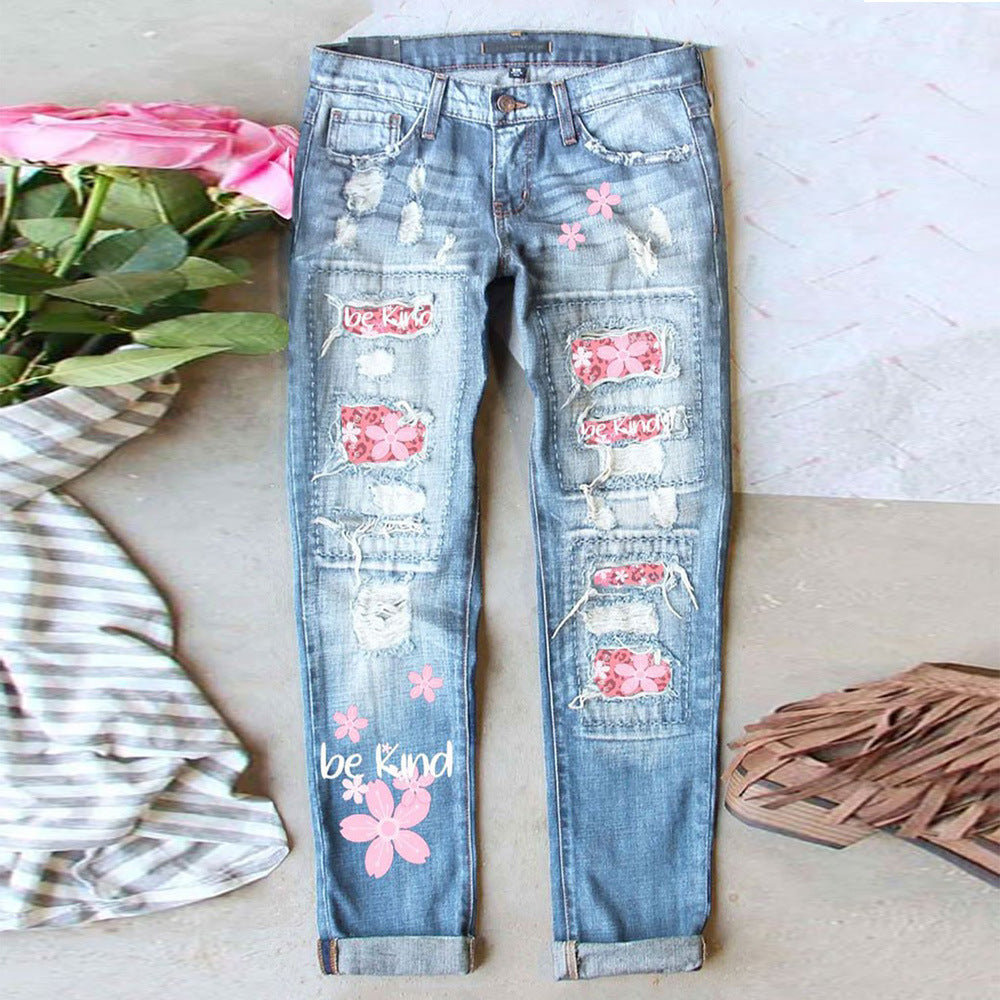 Printed Ripped Jeans