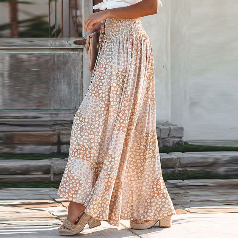 Flower Print Waist Button Slit Maxi Skirt