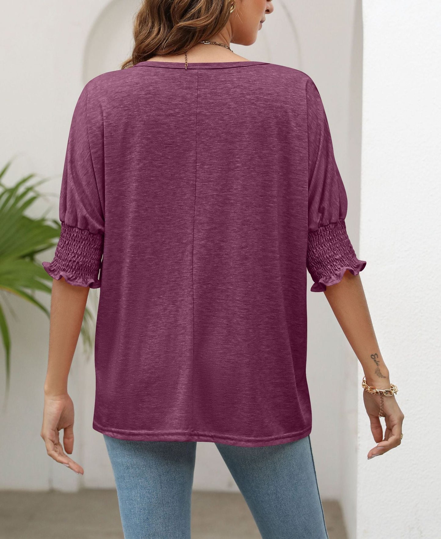 Plain Smocked 3/4 Sleeve Casual Loose T Shirt