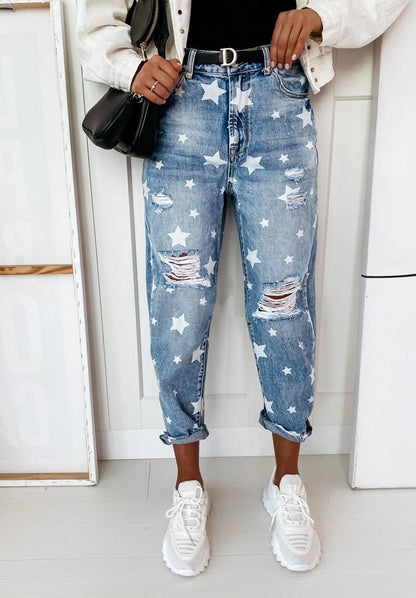 Star Print Ripped Denim Trousers