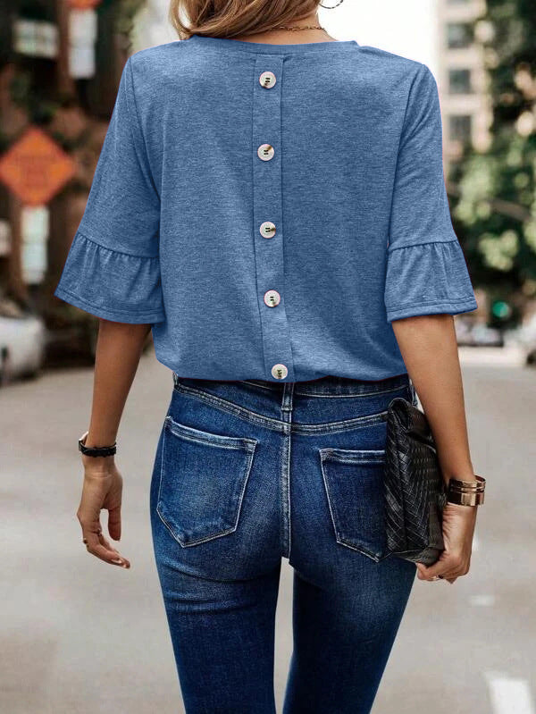 Solid Button Ruffle Sleeve T-shirt