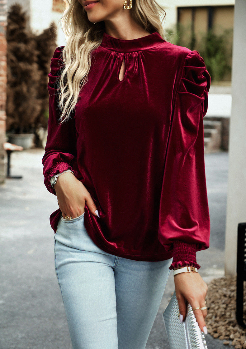 Mock Neck Puff Sleeve Velvet Blouse