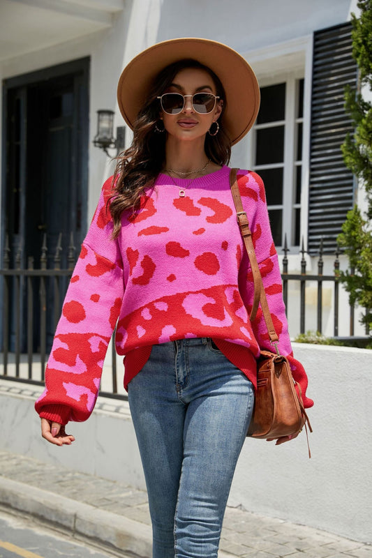 Leopard Trim Dropped Shoulder Sweater