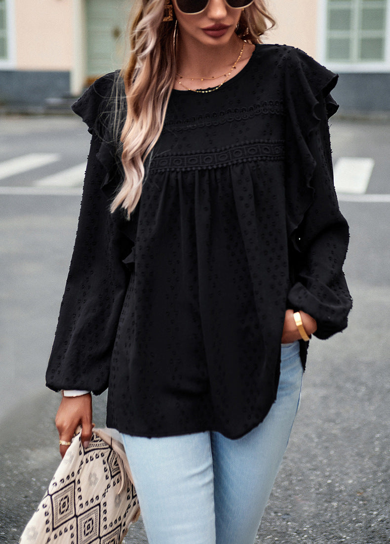 Lace Eyelet Ruffle Shoulder Long Sleeve Blouse