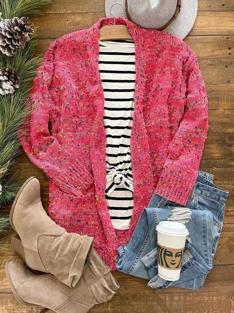 Color Dot Long Sleeve Pocket Sweater Cardigan