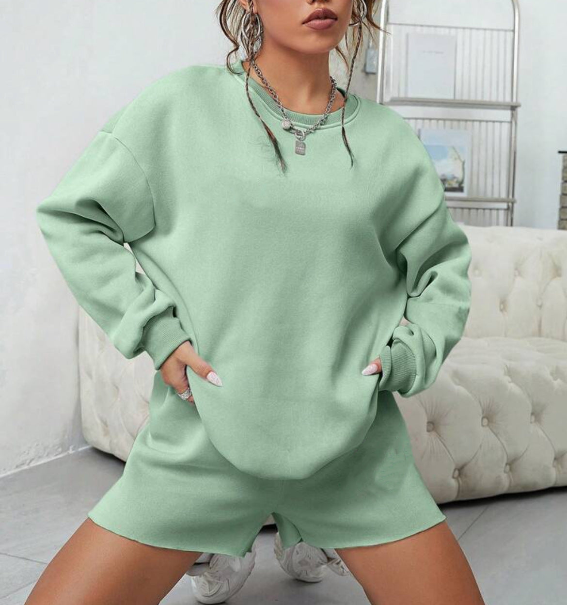 Solid Color Crew Neck Sweatshirt + Shorts Set