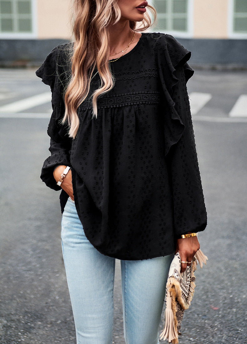 Lace Eyelet Ruffle Shoulder Long Sleeve Blouse