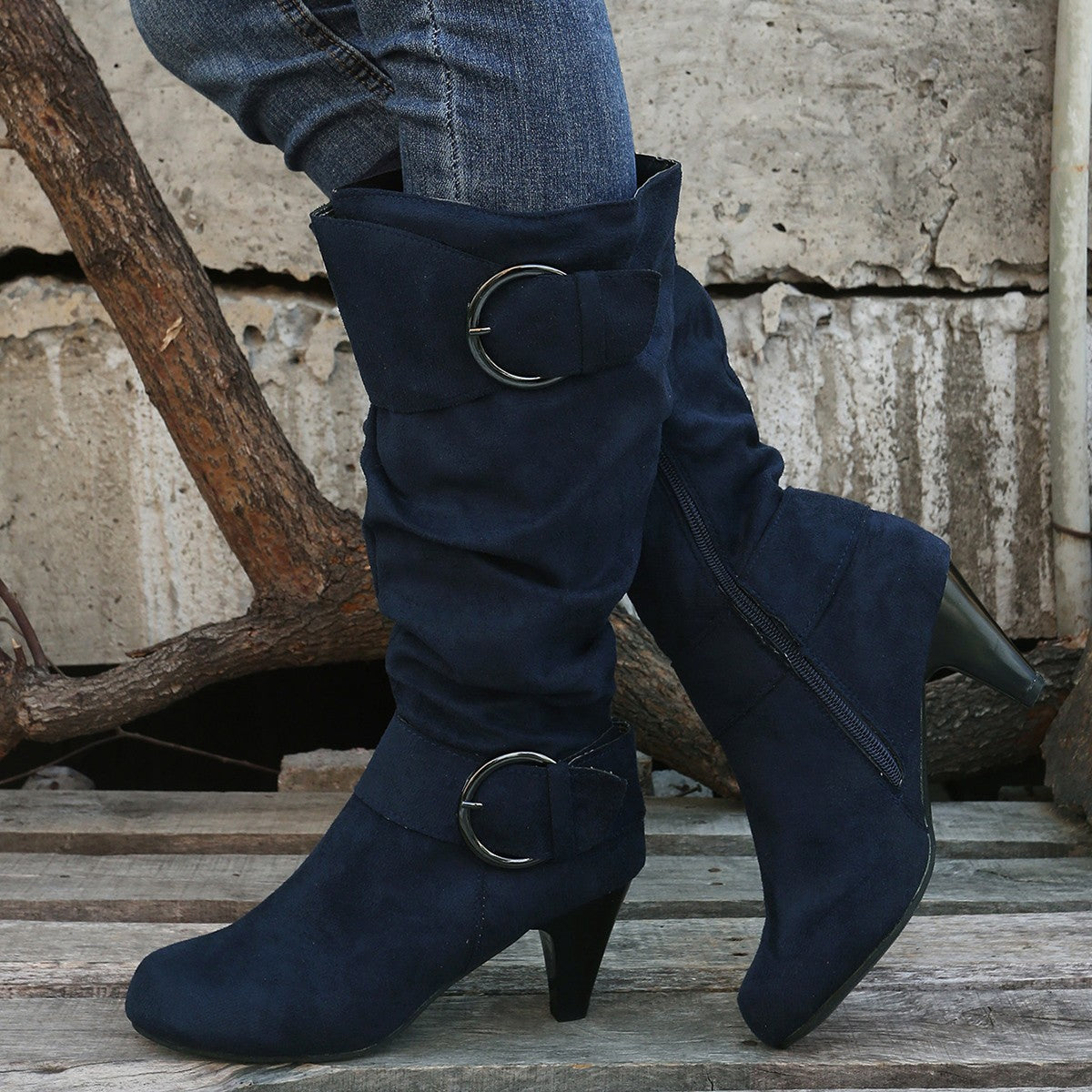 Pointed Toe Buckle Decor Zipper Heeled Boots