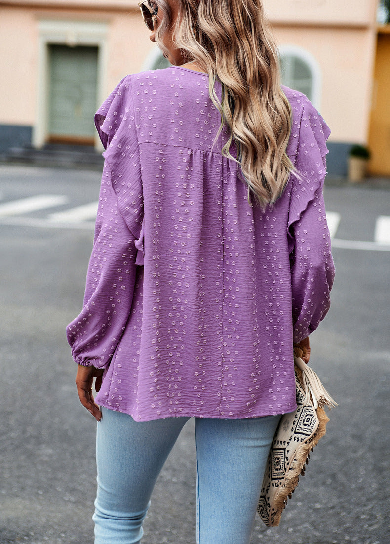 Lace Eyelet Ruffle Shoulder Long Sleeve Blouse