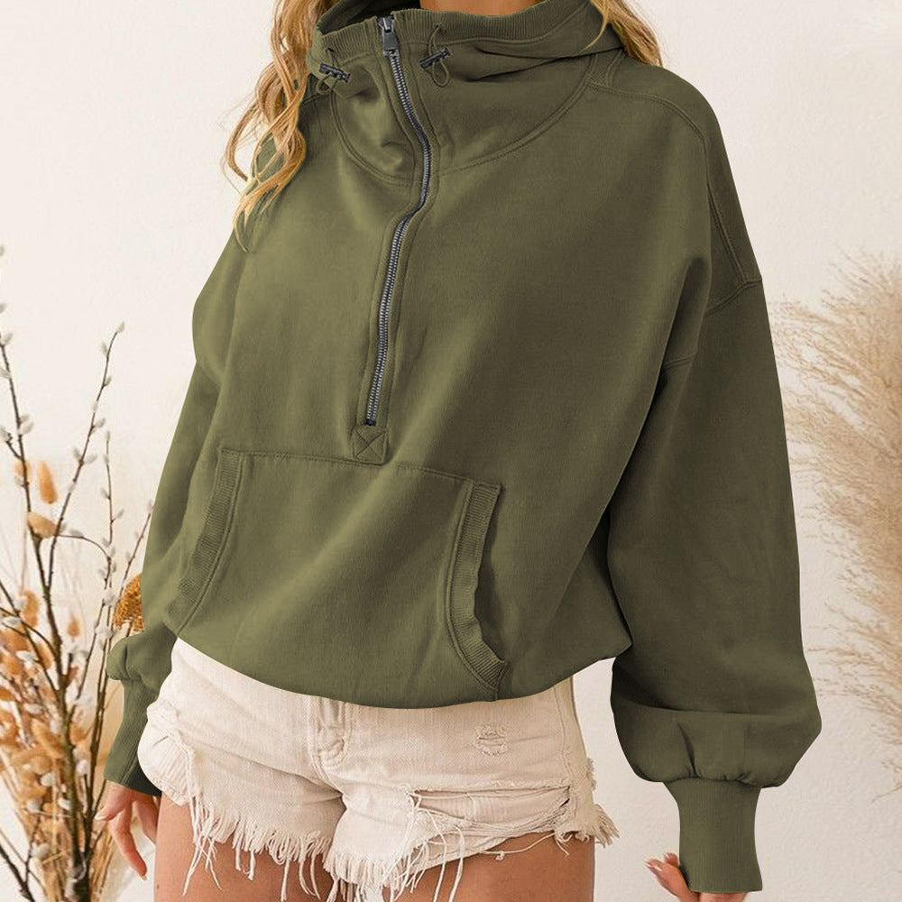 Solid Color Zipper Drawstring Hoodie