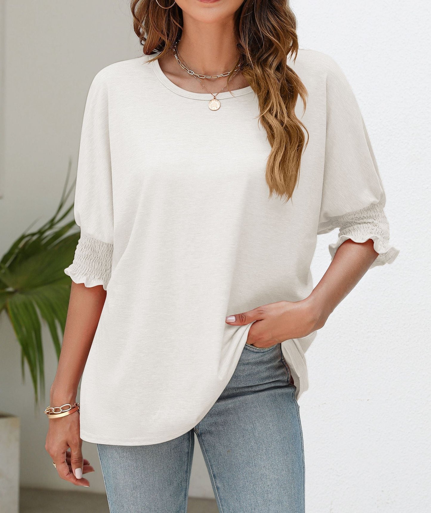 Plain Smocked 3/4 Sleeve Casual Loose T Shirt