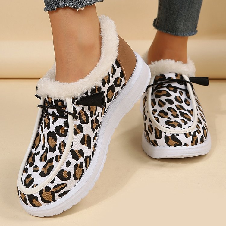 Leopard-Print Fleece Flat Slip-On Loafers