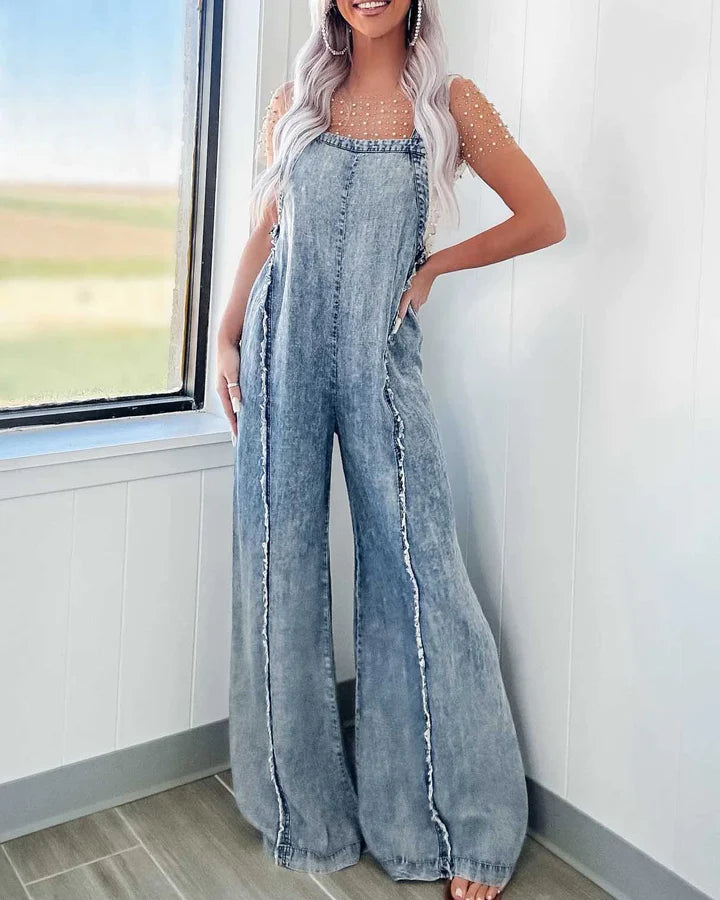 Light Wash Exposed Seam Wide Leg Denim Overall