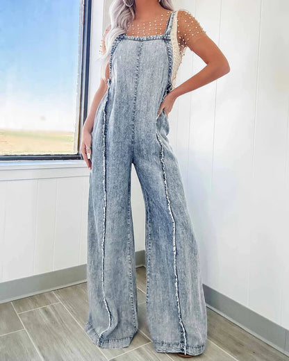 Light Wash Exposed Seam Wide Leg Denim Overall