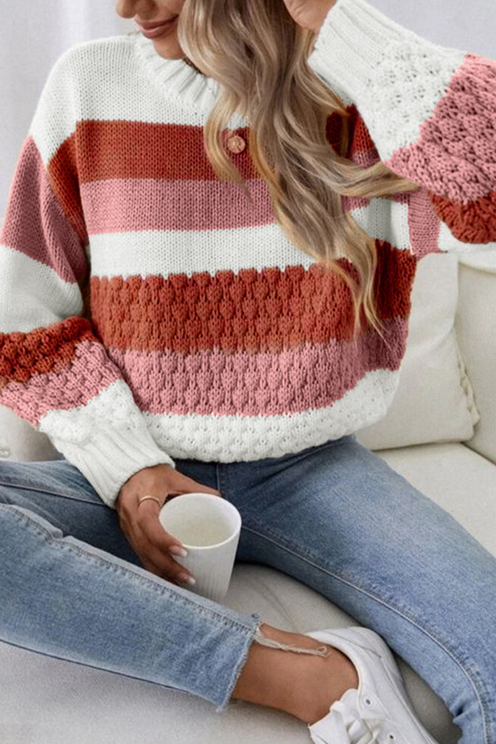 Striped Cable Knit Drop Shoulder Sweater