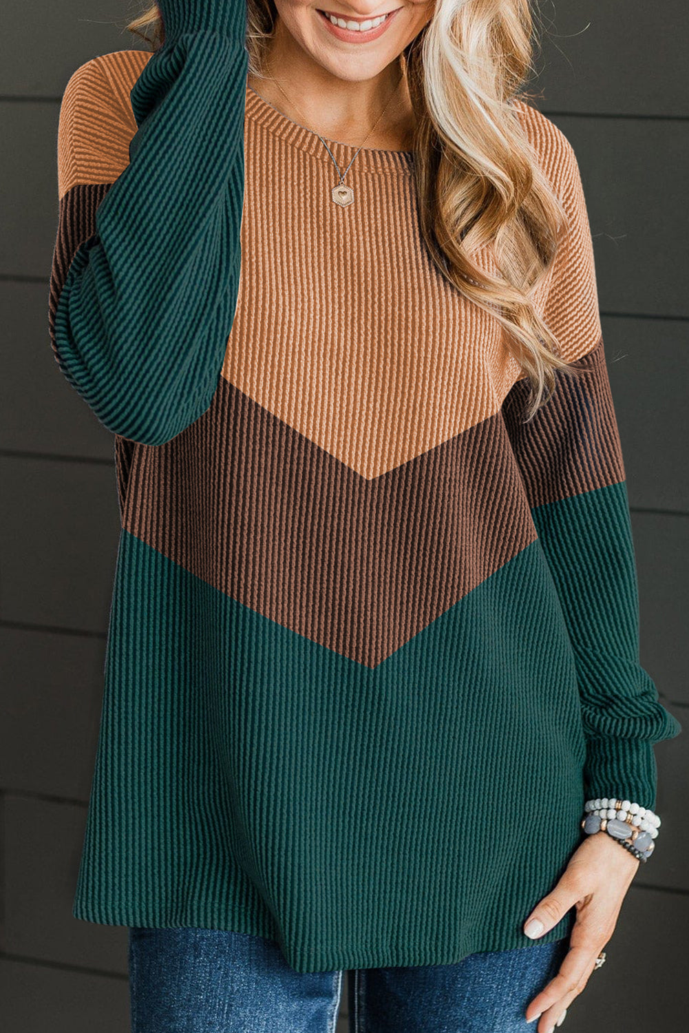 Color Block Corded Texture Long Sleeve Top