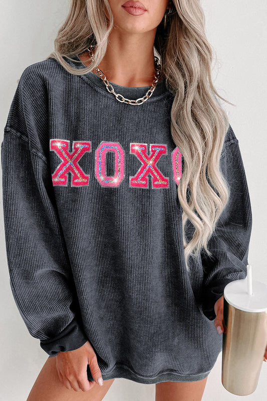 Sequin XOXO Corded Crew Neck Sweatshirt