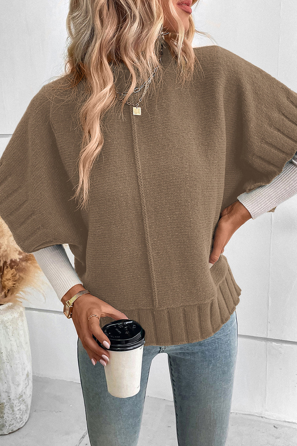 Mock Neck Batwing Knit Sweater