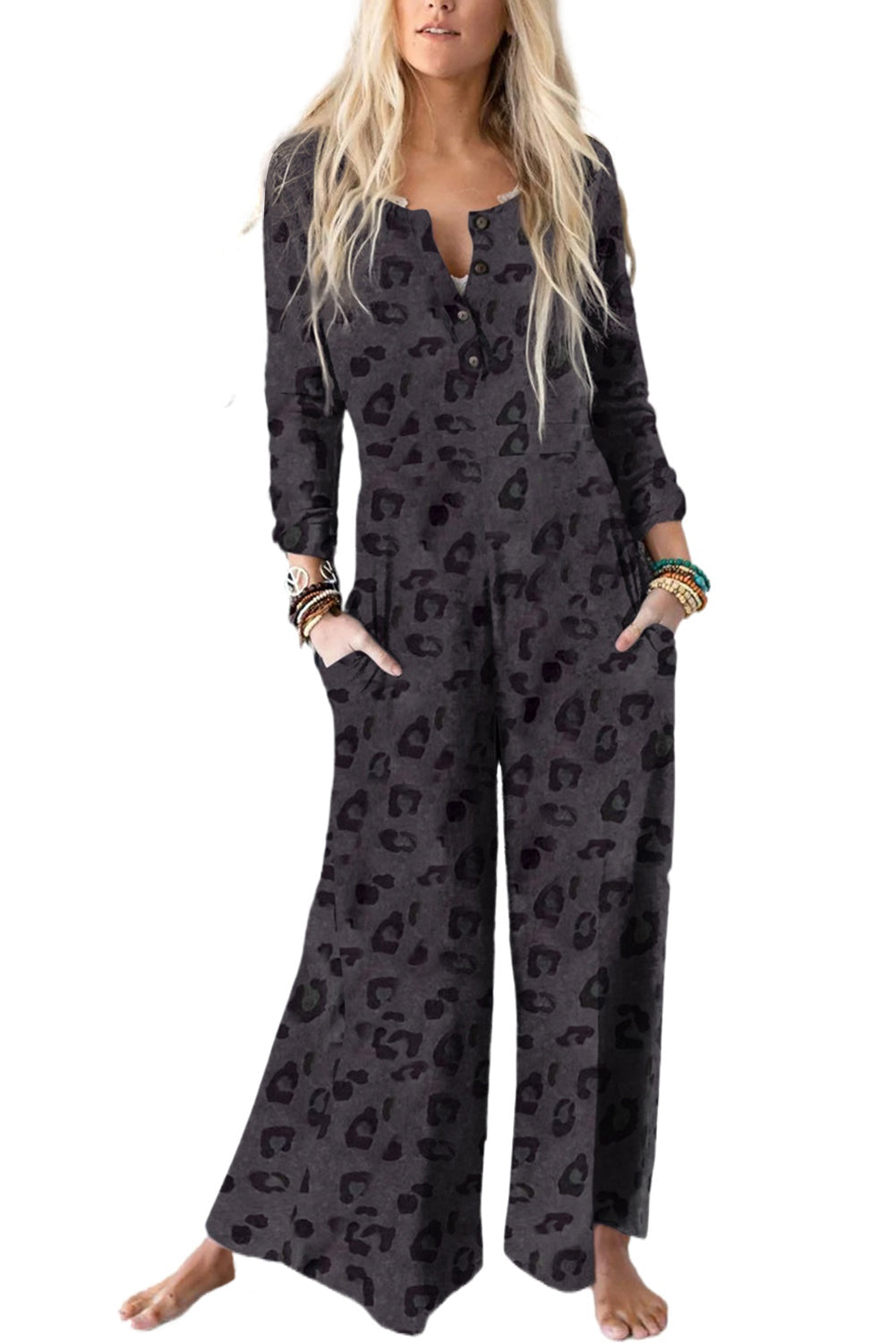 Buttoned Bodice Wide Leg Leopard Jumpsuit