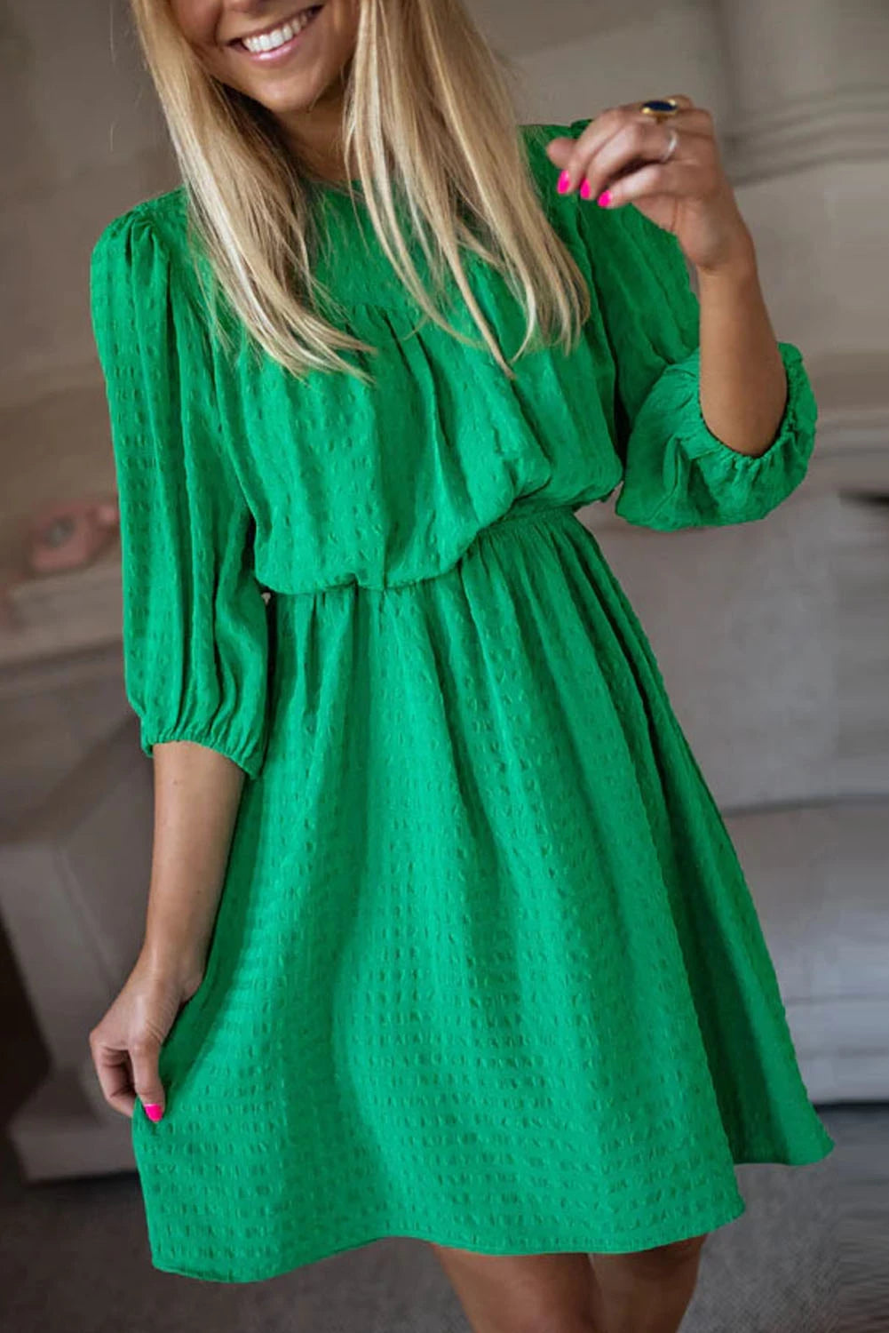 Round Neck Puff Sleeve Mini Dress