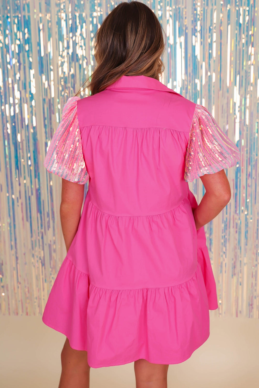 Sequined Bubble Sleeve Tiered Ruffled Shirt Dress