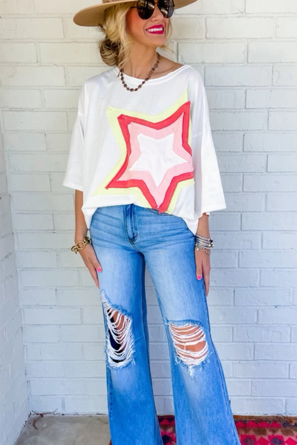 Star Patched Half Sleeve Oversized Tee