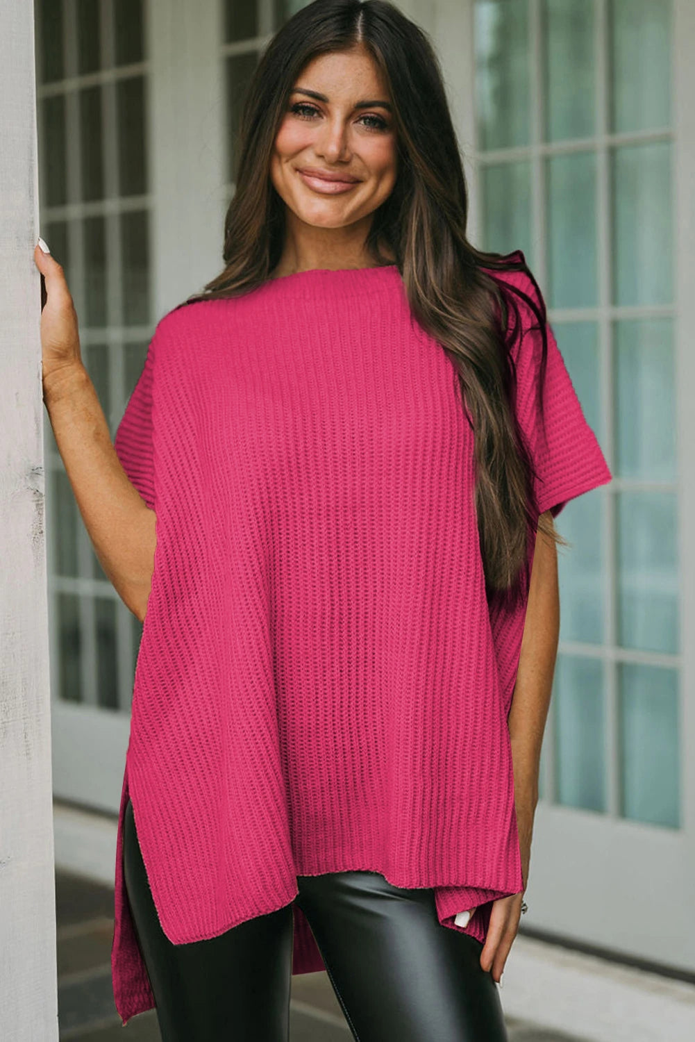 Short Sleeve Side Slit Oversized Sweater