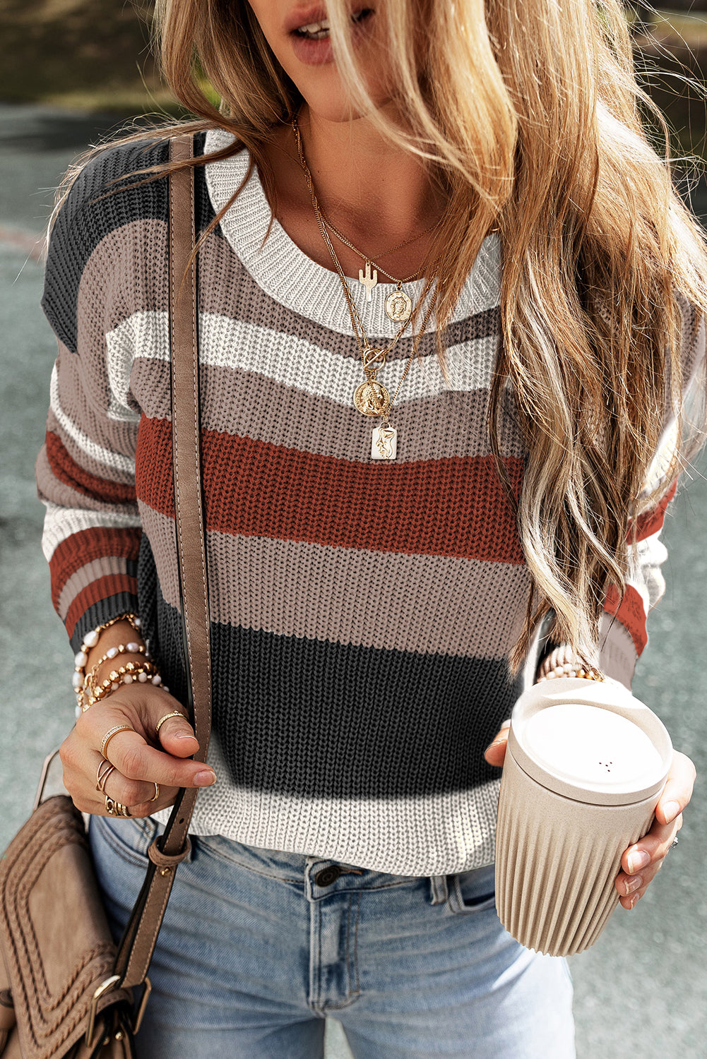 Round Neck Colorblock Knit Sweater