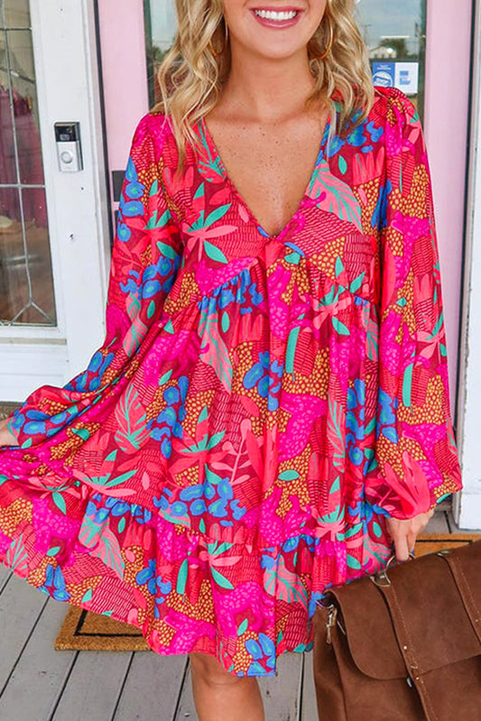 Floral V Neck Bubble Sleeve Ruffled Dress