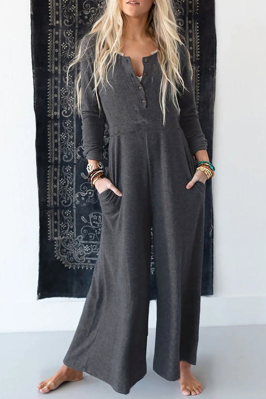 Button Long Sleeve Wide Leg Jumpsuit