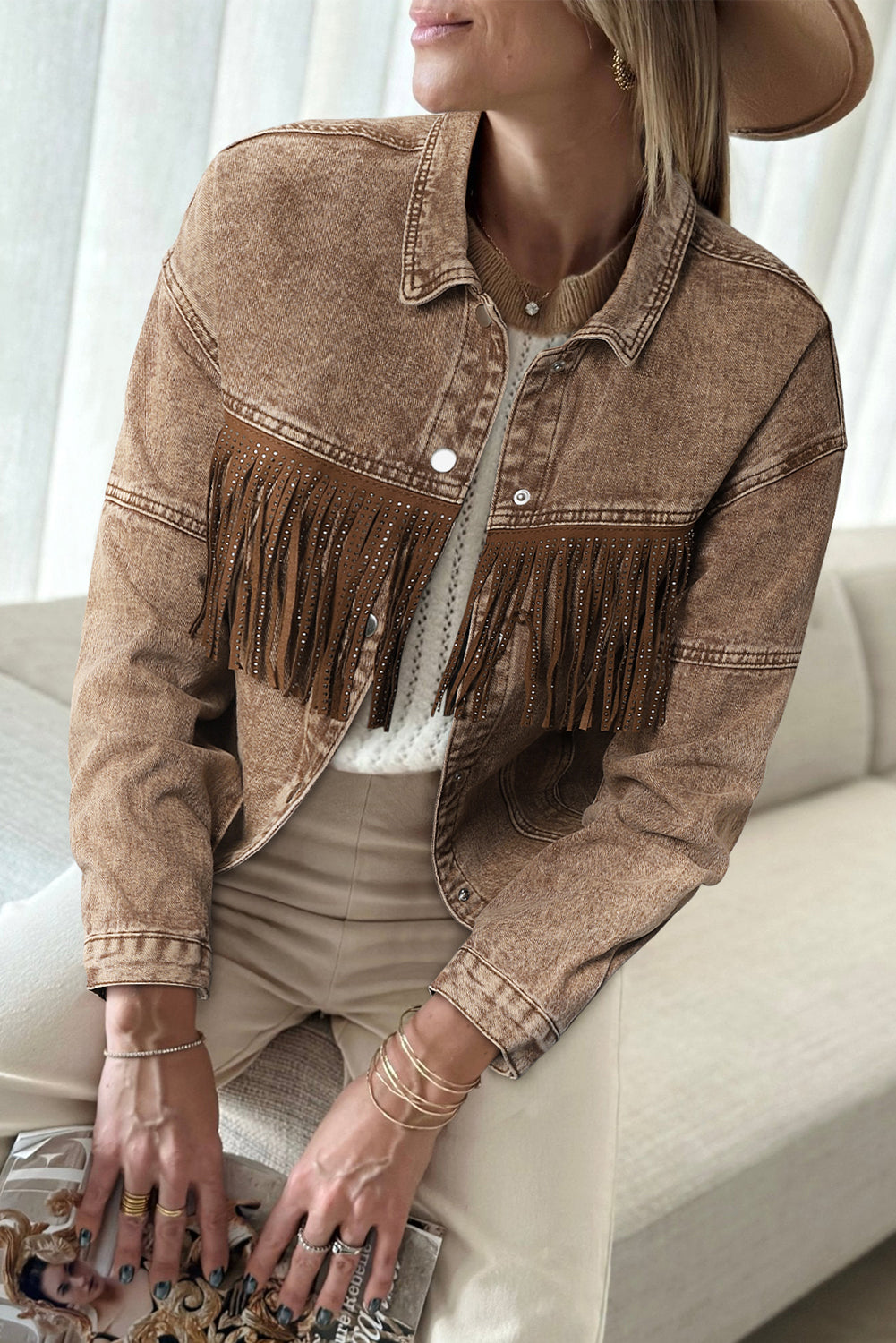 Rhinestone Fringed Fashion Denim Jacket