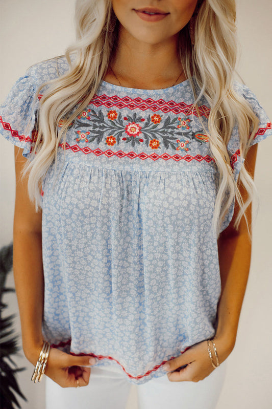 Embroidered Floral Flutter Sleeve Blouse