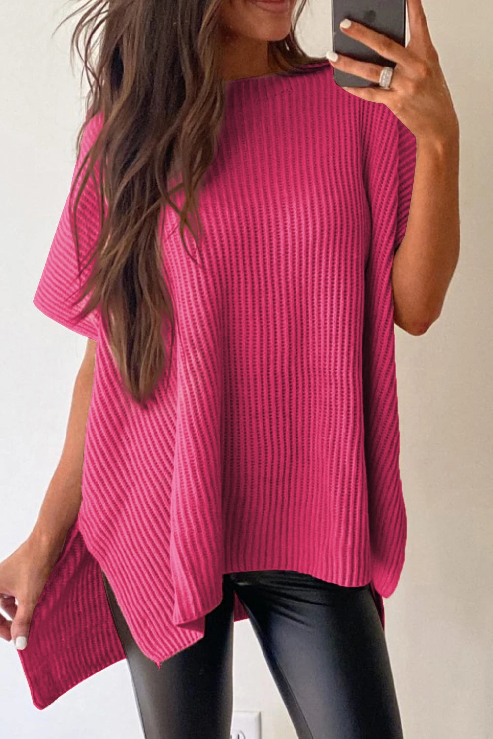 Short Sleeve Side Slit Oversized Sweater