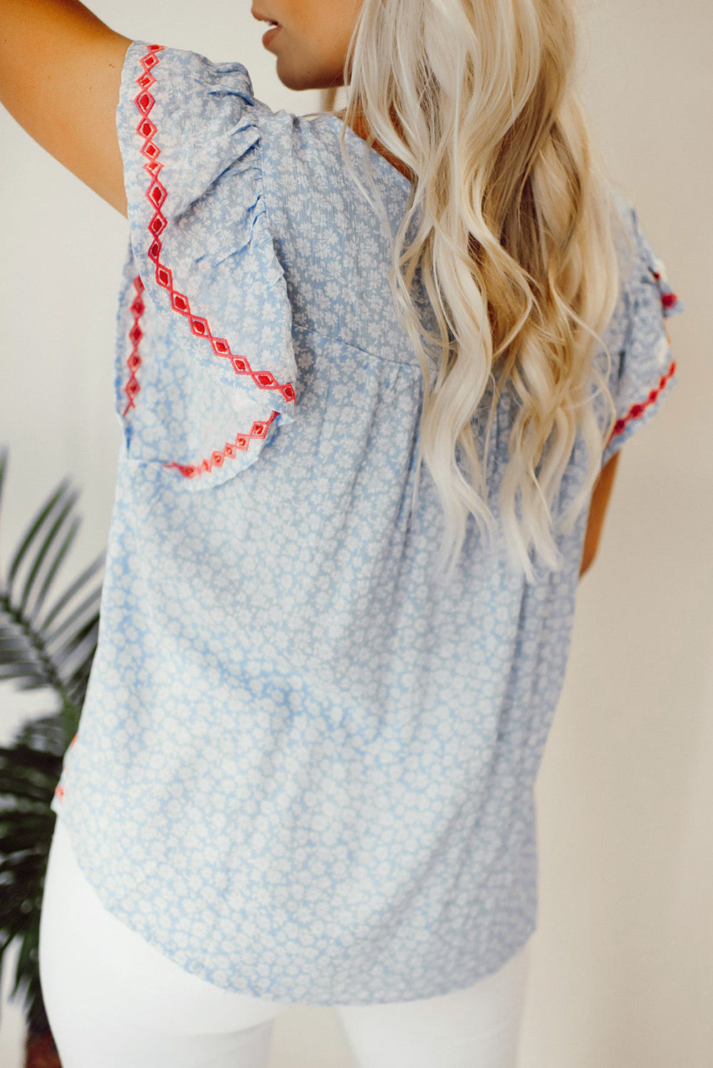 Embroidered Floral Flutter Sleeve Blouse