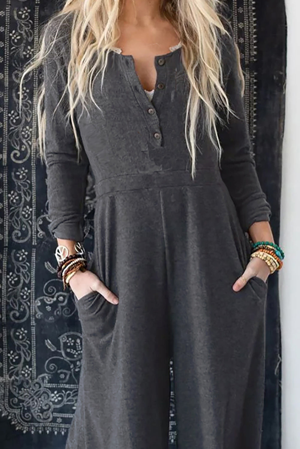 Button Long Sleeve Wide Leg Jumpsuit