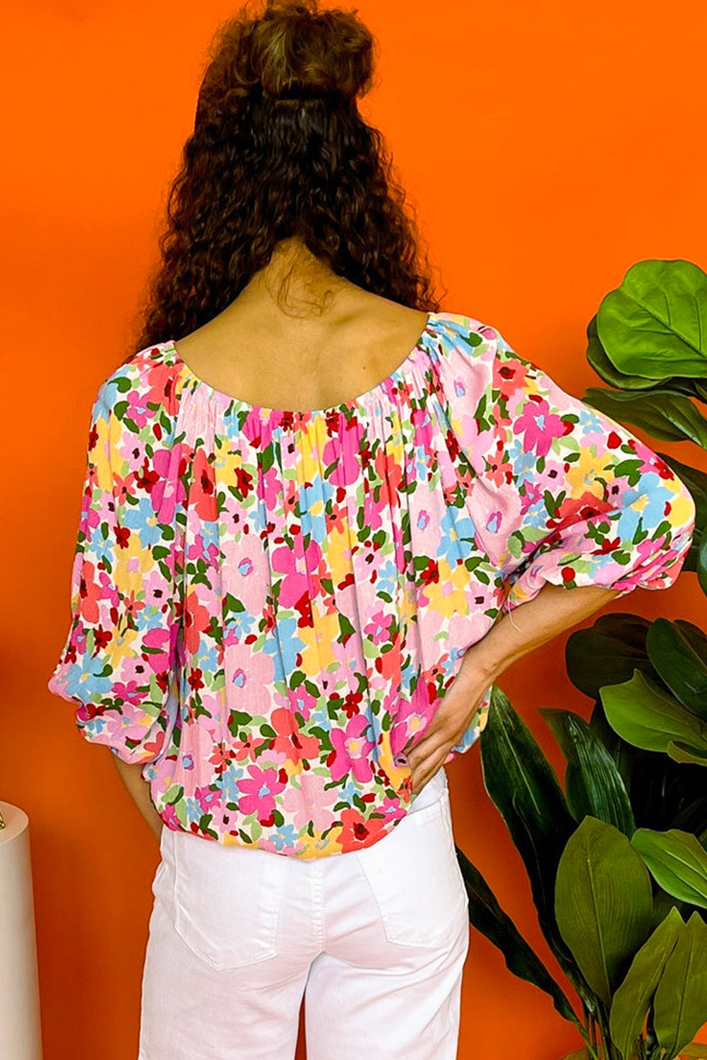 Floral Puff Sleeve Elastic Neckline Top