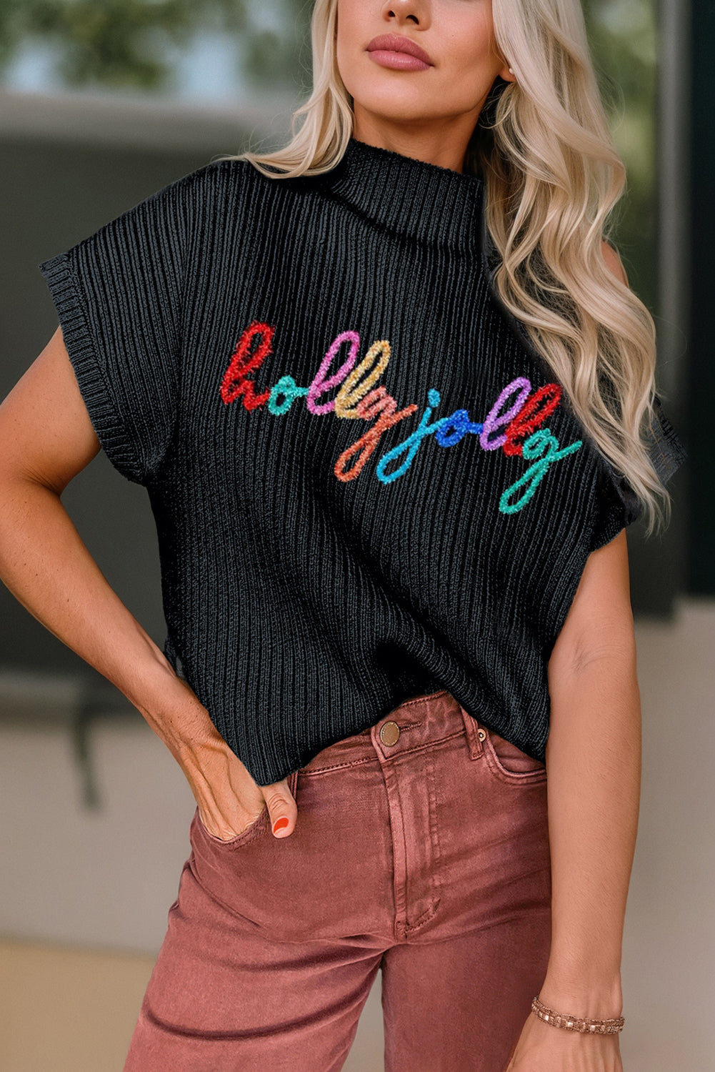 High Neck Holly Jolly Short Sleeve Sweater