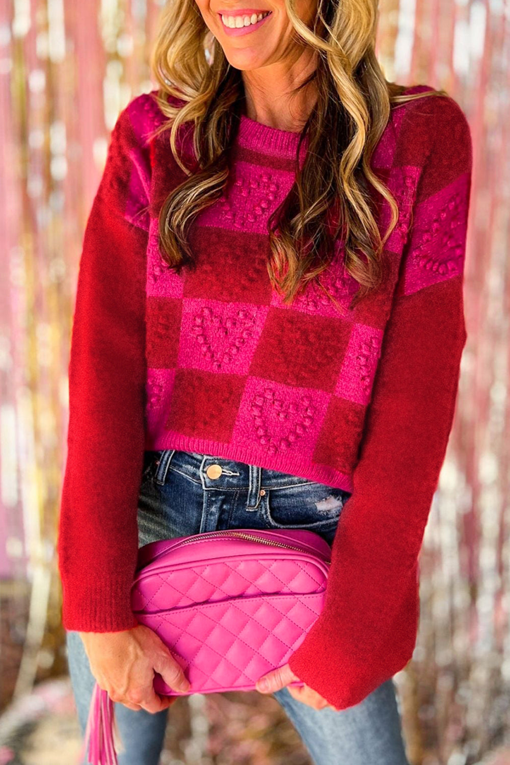 Checkered Heart Textured SweaterCheckered Heart Textured Sweater