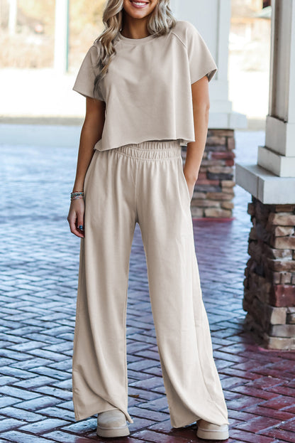 Raw Hem Loose Tee and Wide Leg Pants Set