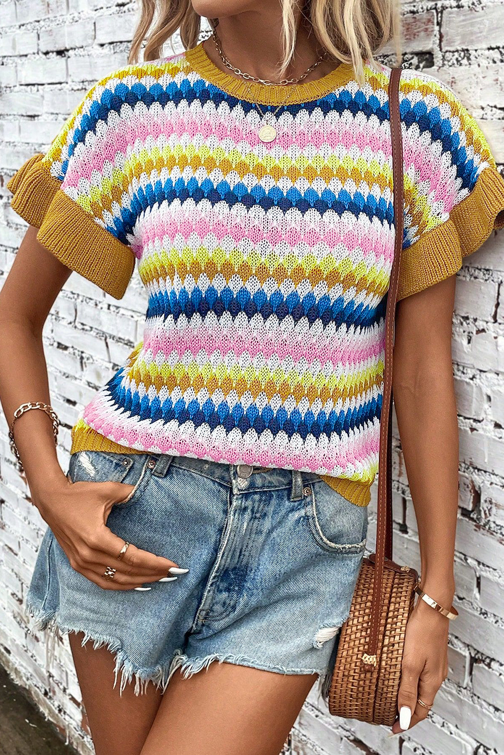 Ruffle Sleeve Colorful Textured Sweater