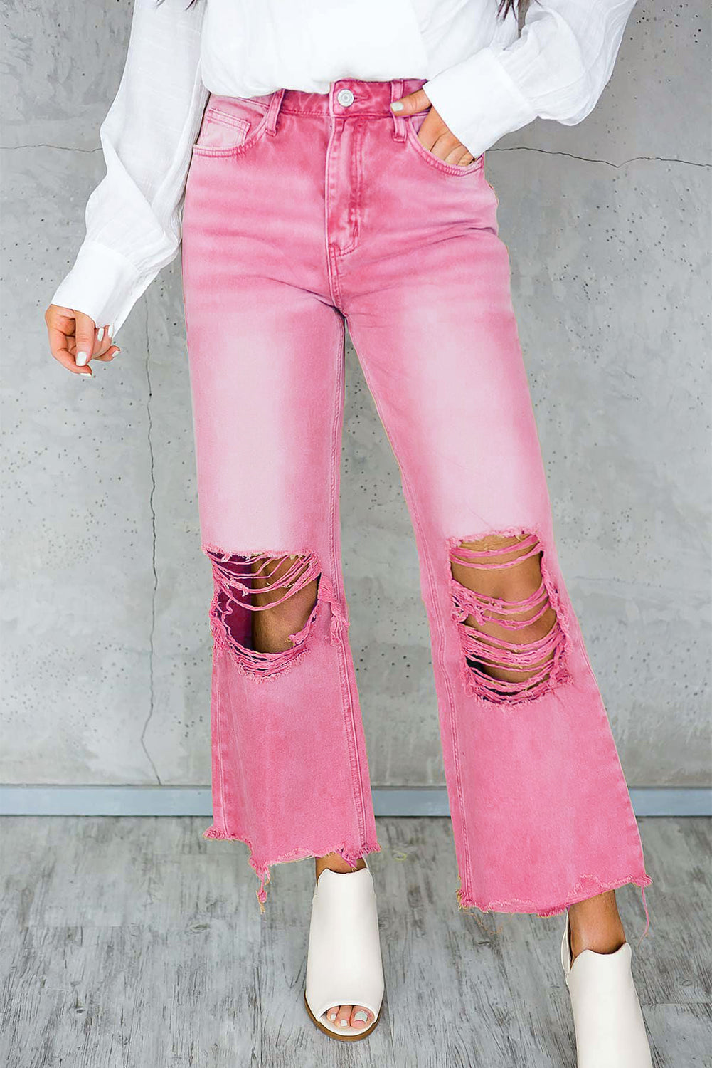 Distressed Hollow-out High Waist Cropped Jeans