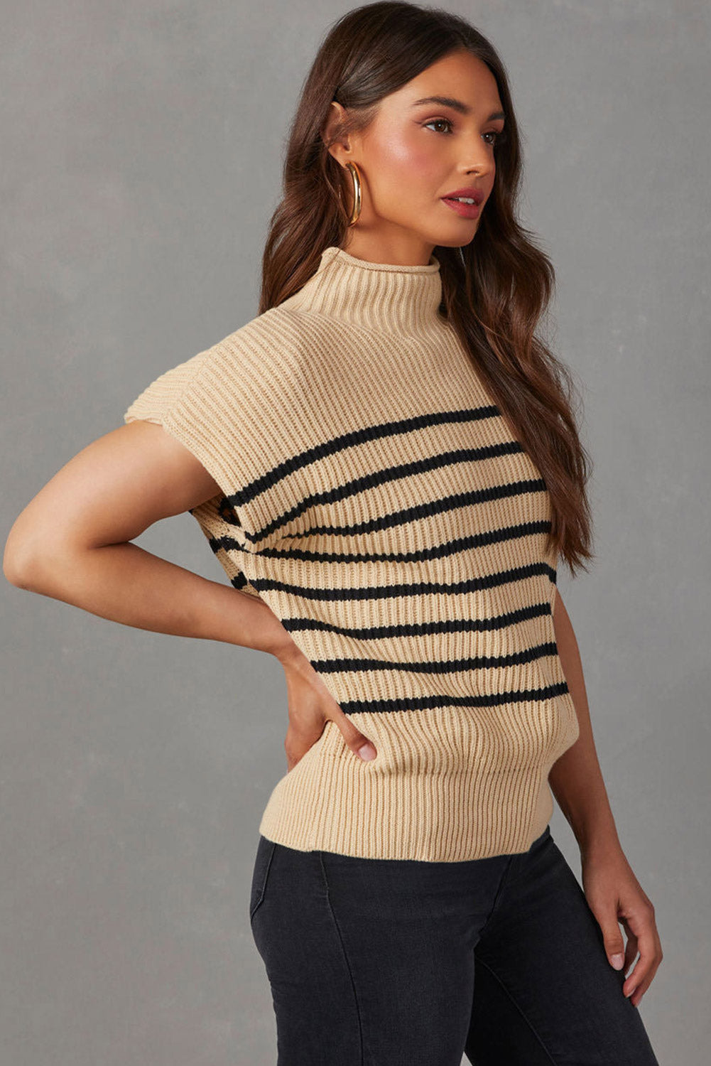 Striped Ribbed Knit High Neck Sweater