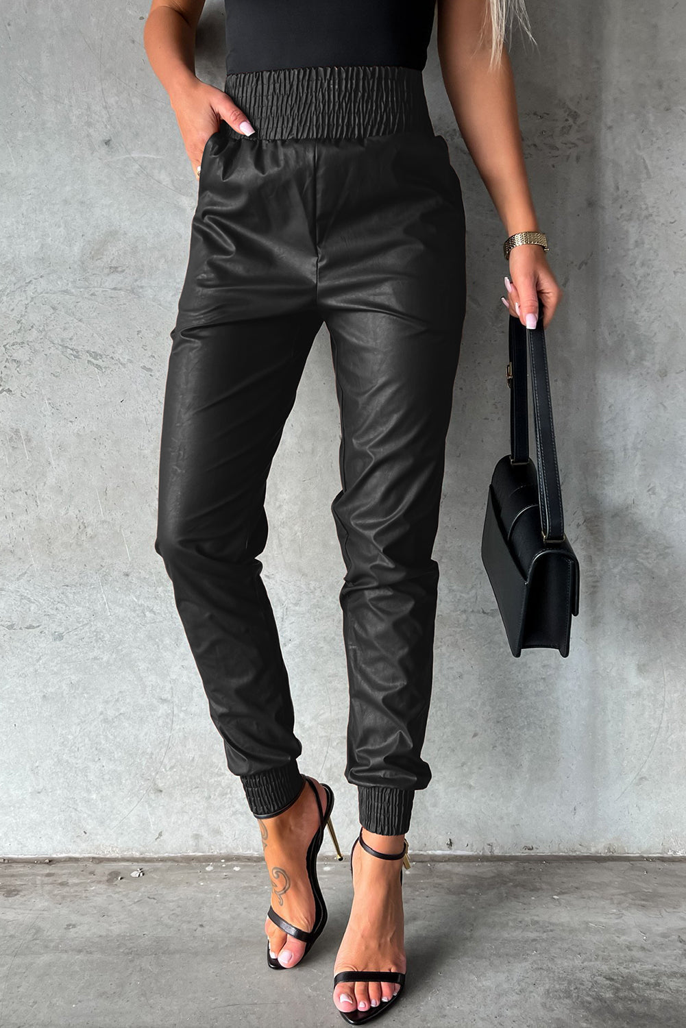 Smocked High-Waist Leather Skinny Pants